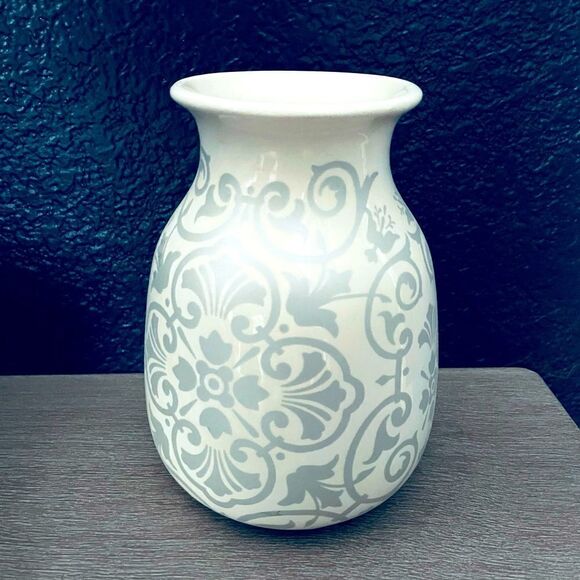 Other - Ivory White Gray Damask Ceramic Vase
